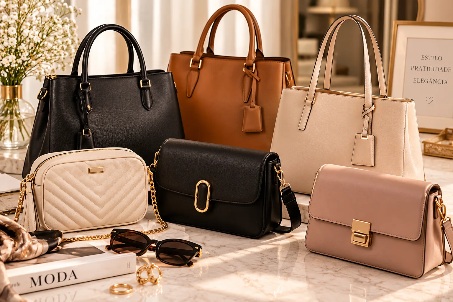 Bolsas femininas elegantes em preto, bege, caramelo e rosa, com detalhes dourados, alças variadas e modelos transversais, organizadas sobre uma bancada clara.