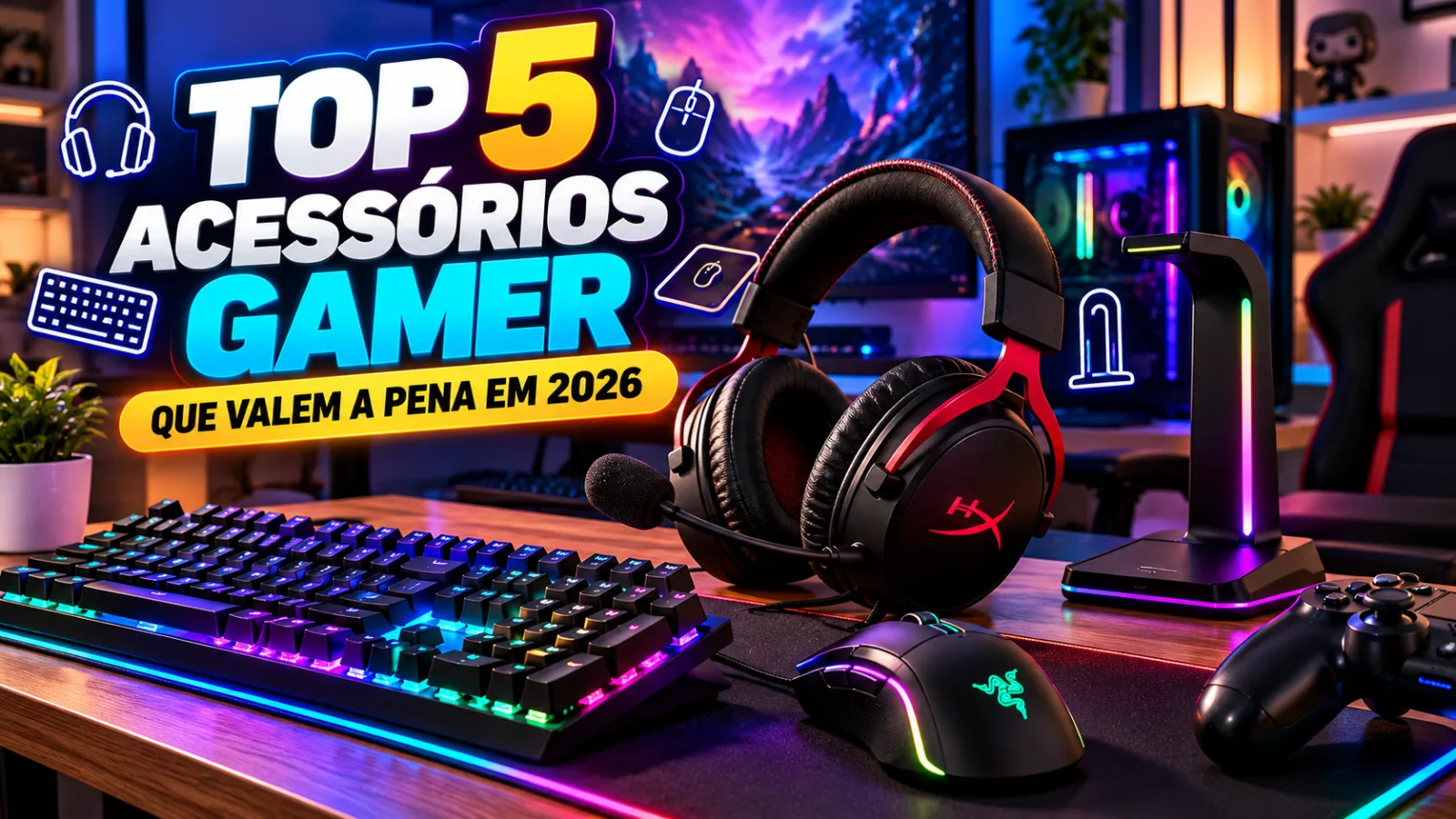 Top 5 acessórios gamer que valem a pena em 2026, incluindo headset, teclado mecânico RGB, mouse gamer, controle e suporte para fones em um setup iluminado com luzes coloridas.