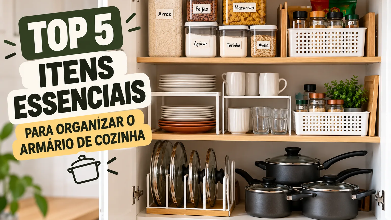 Armário de cozinha organizado com potes herméticos, cestos, suportes para pratos e panelas, otimizando o espaço.