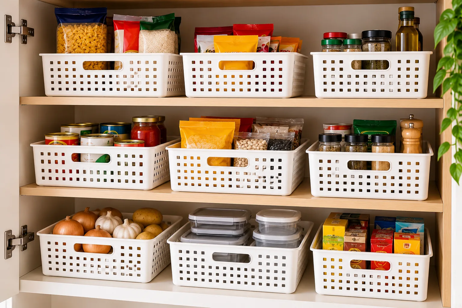 Cestos organizadores para armário de cozinha, ideais para guardar mantimentos, temperos e pacotes.