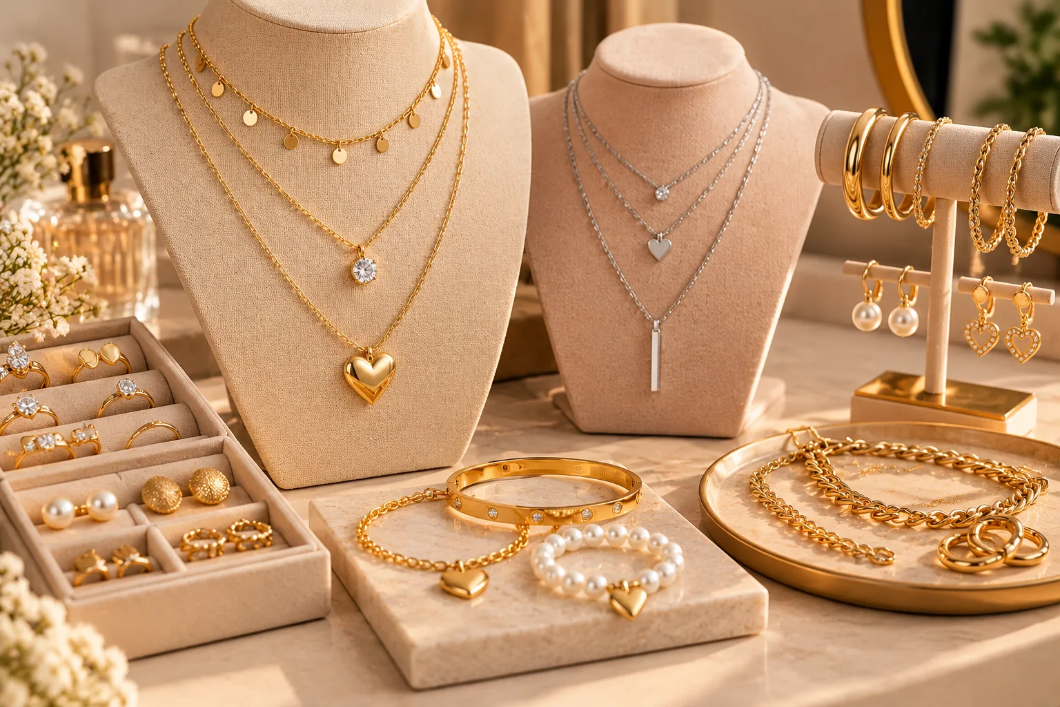 Colares e bijuterias femininas em dourado e prateado, incluindo colares delicados, brincos de argola, pulseiras, anéis e acessórios com pérolas organizados sobre suportes e bandejas em tons neutros.