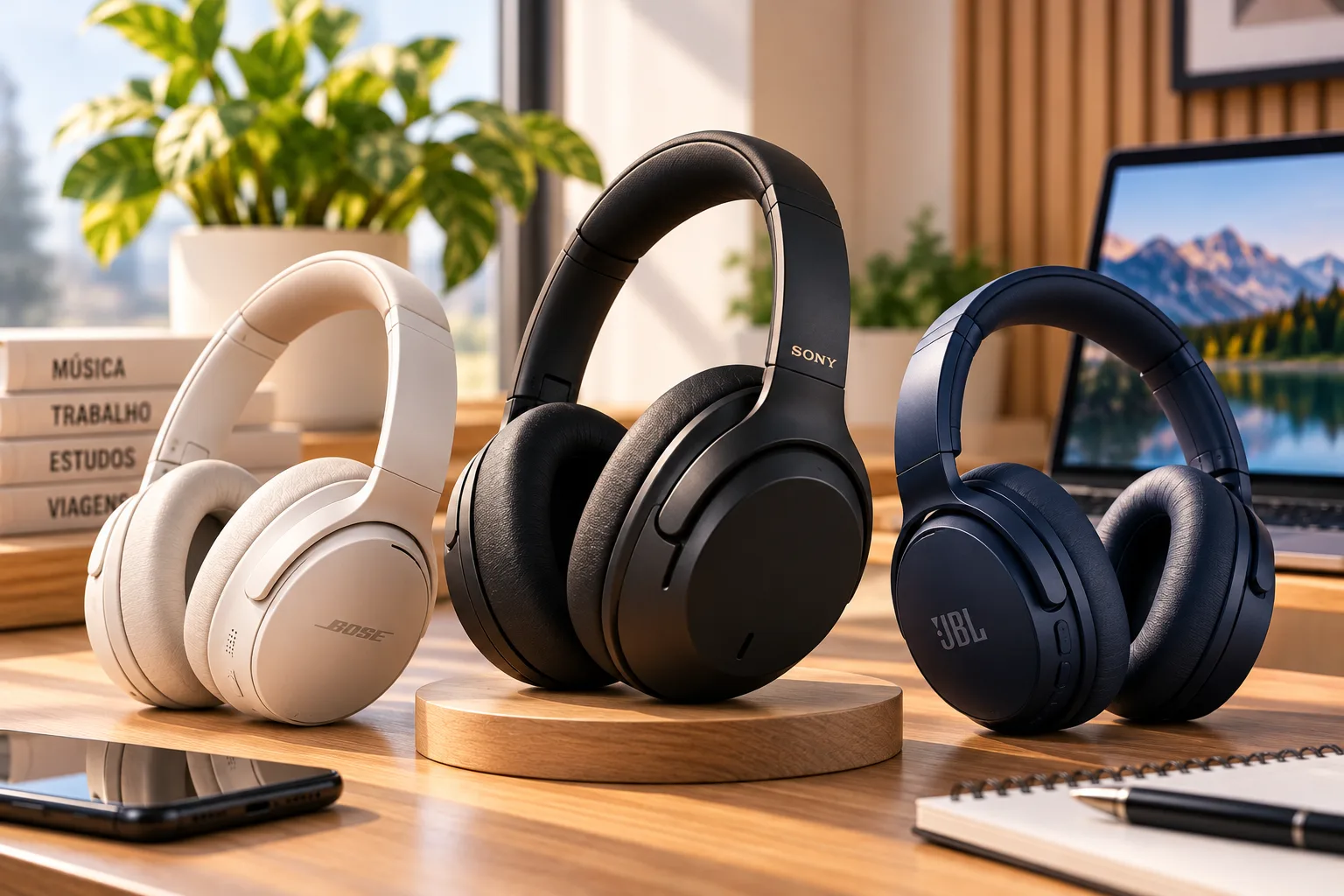 Fones Bluetooth over-ear com cancelamento de ruído em preto, bege e azul-marinho sobre uma mesa de madeira.