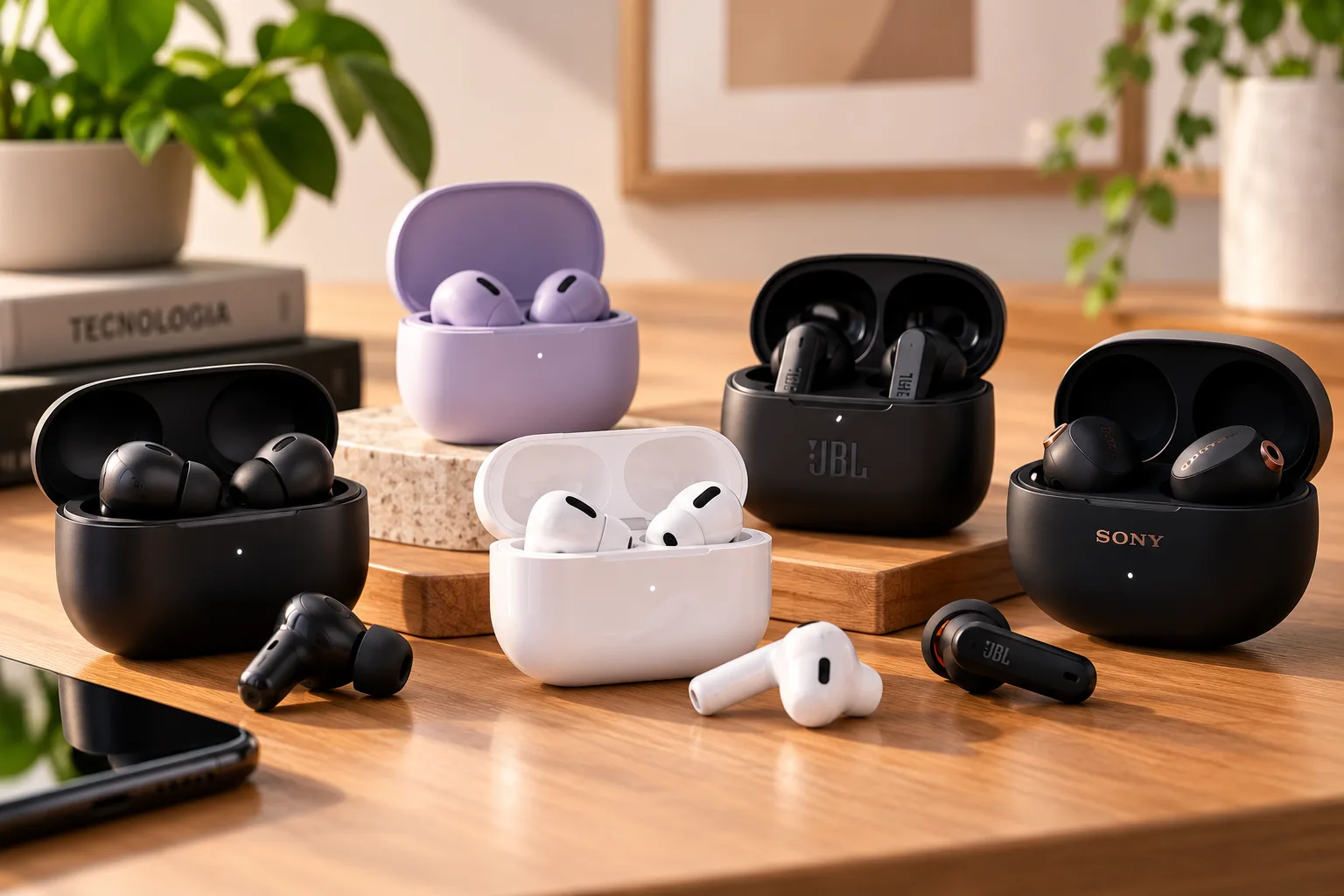 Fones Bluetooth TWS em preto, branco e lilás, com estojos de carregamento sobre uma mesa de madeira.