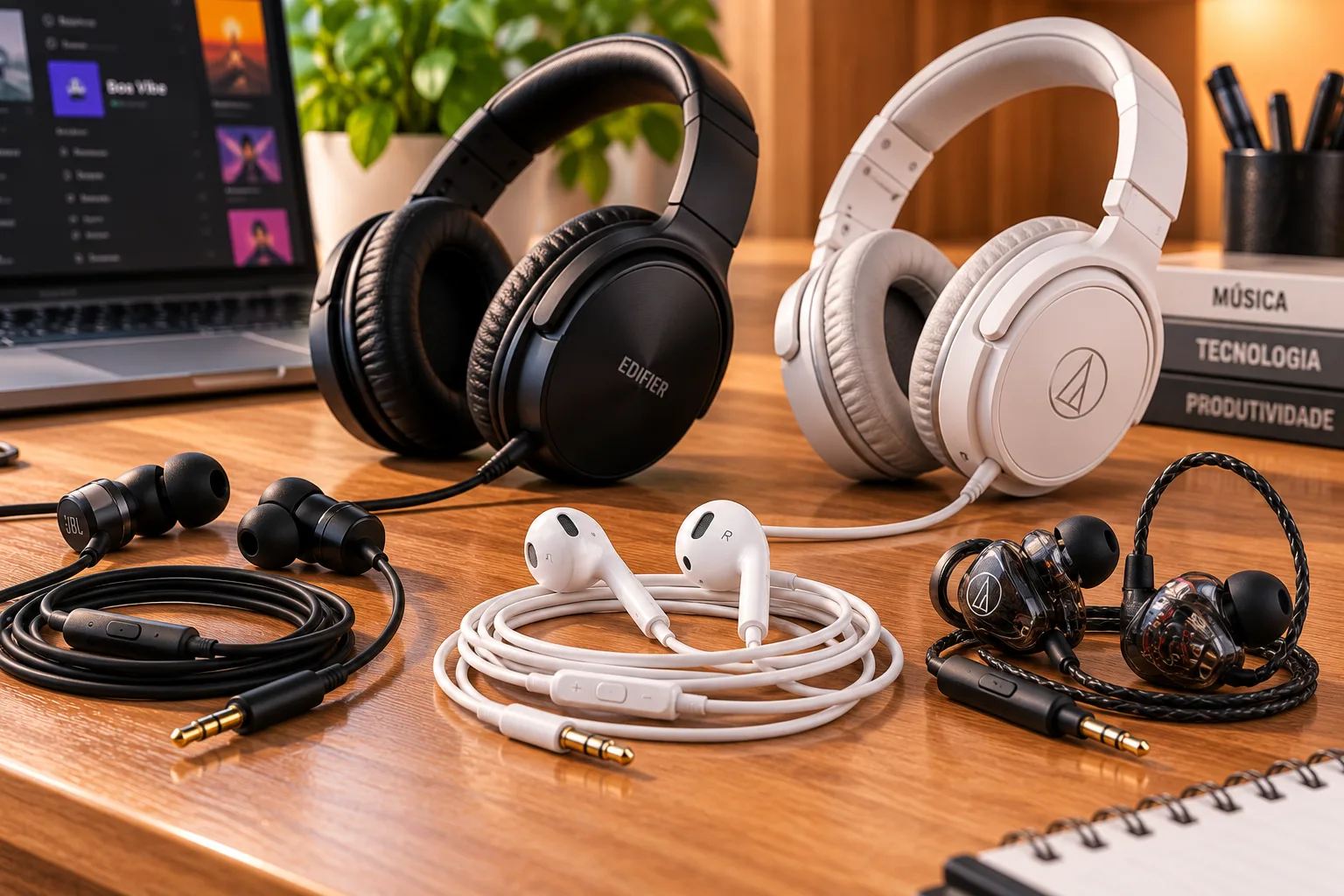 Fones de ouvido com fio pretos e brancos, headphones over-ear e conectores P2 sobre uma mesa de madeira.