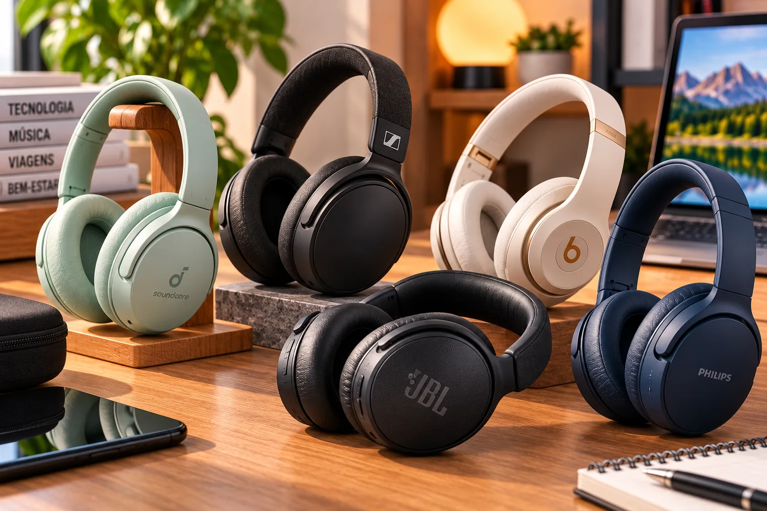 Headphones Bluetooth over-ear de diferentes marcas e cores, incluindo modelos verde, preto, bege e azul, organizados sobre uma mesa de madeira.