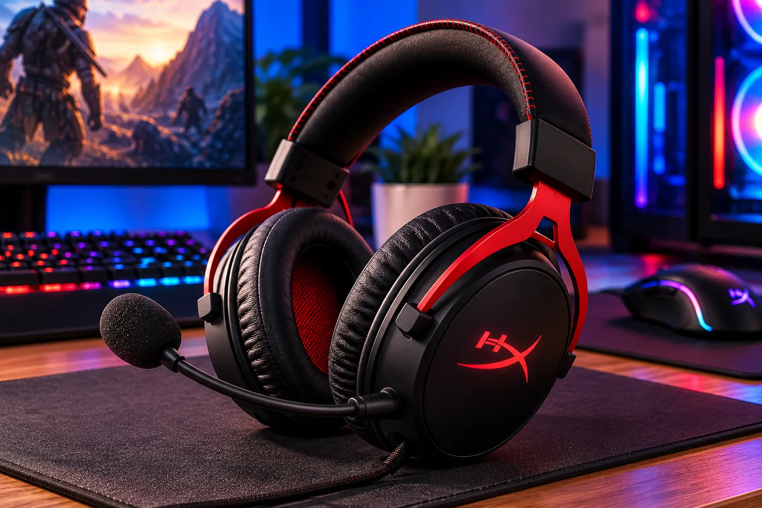 Headset gamer preto e vermelho com microfone integrado, almofadas acolchoadas e iluminação RGB em um setup gamer moderno.