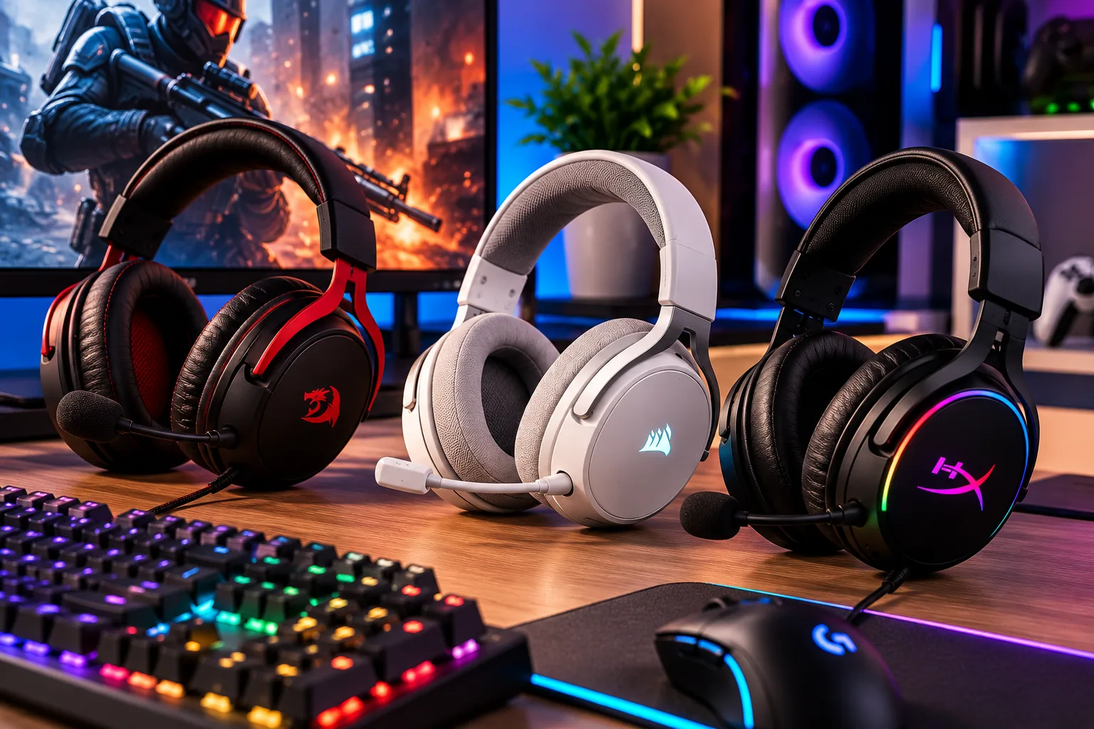 Headsets gamers pretos e brancos com microfone e iluminação RGB em uma mesa de setup gamer.