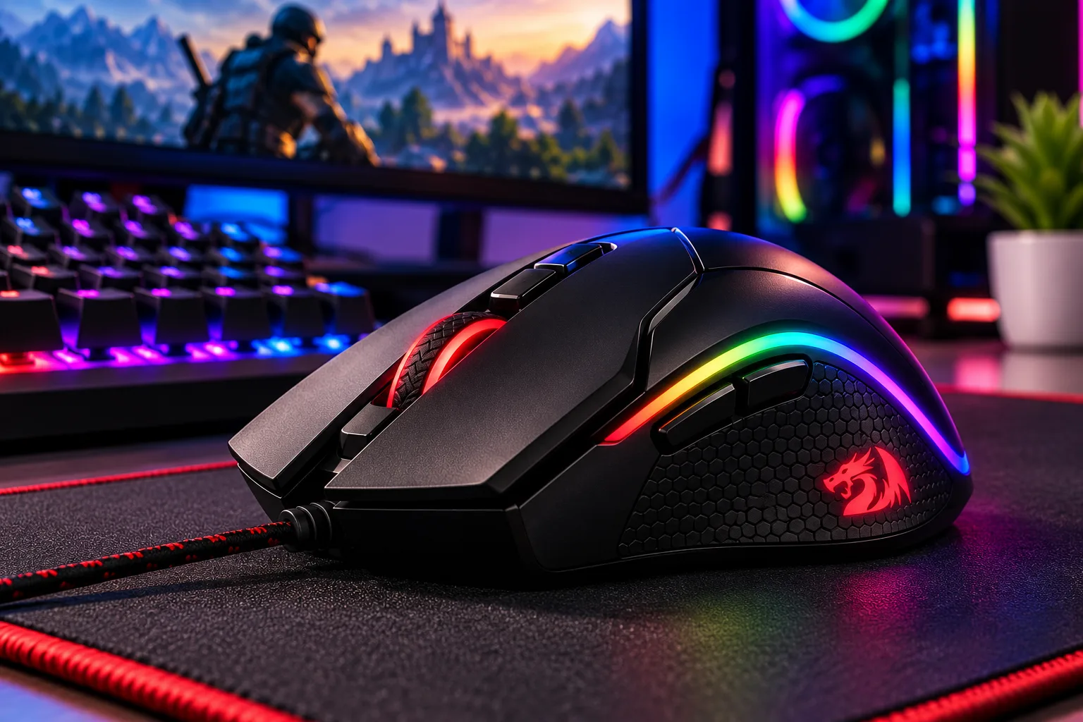 Mouse gamer preto com iluminação RGB colorida, botões laterais e design ergonômico sobre um mousepad em um setup gamer.