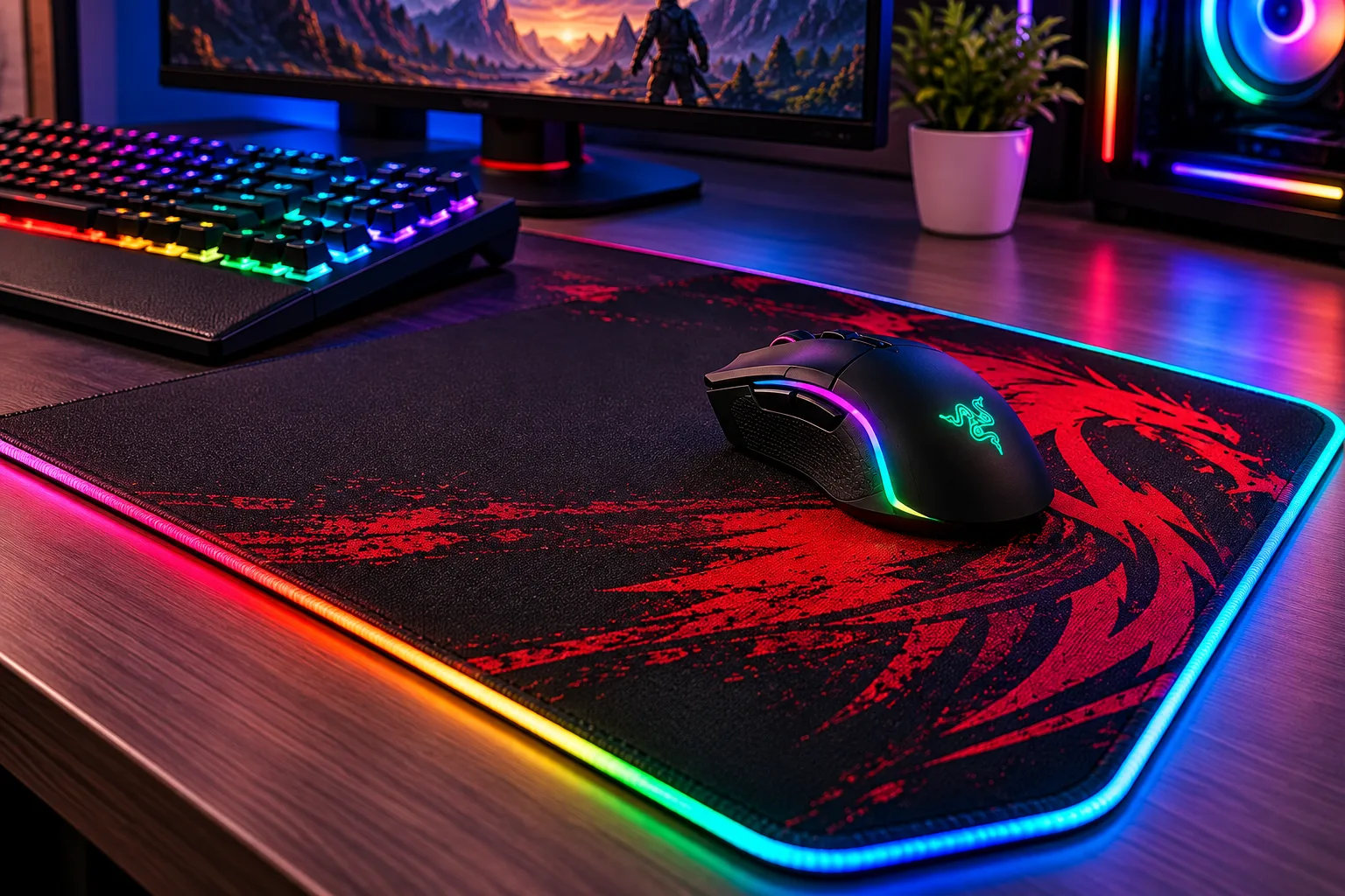 Mousepad gamer preto e vermelho com bordas iluminadas em RGB, acompanhado de mouse gamer sobre uma mesa em um setup com teclado mecânico e iluminação colorida.