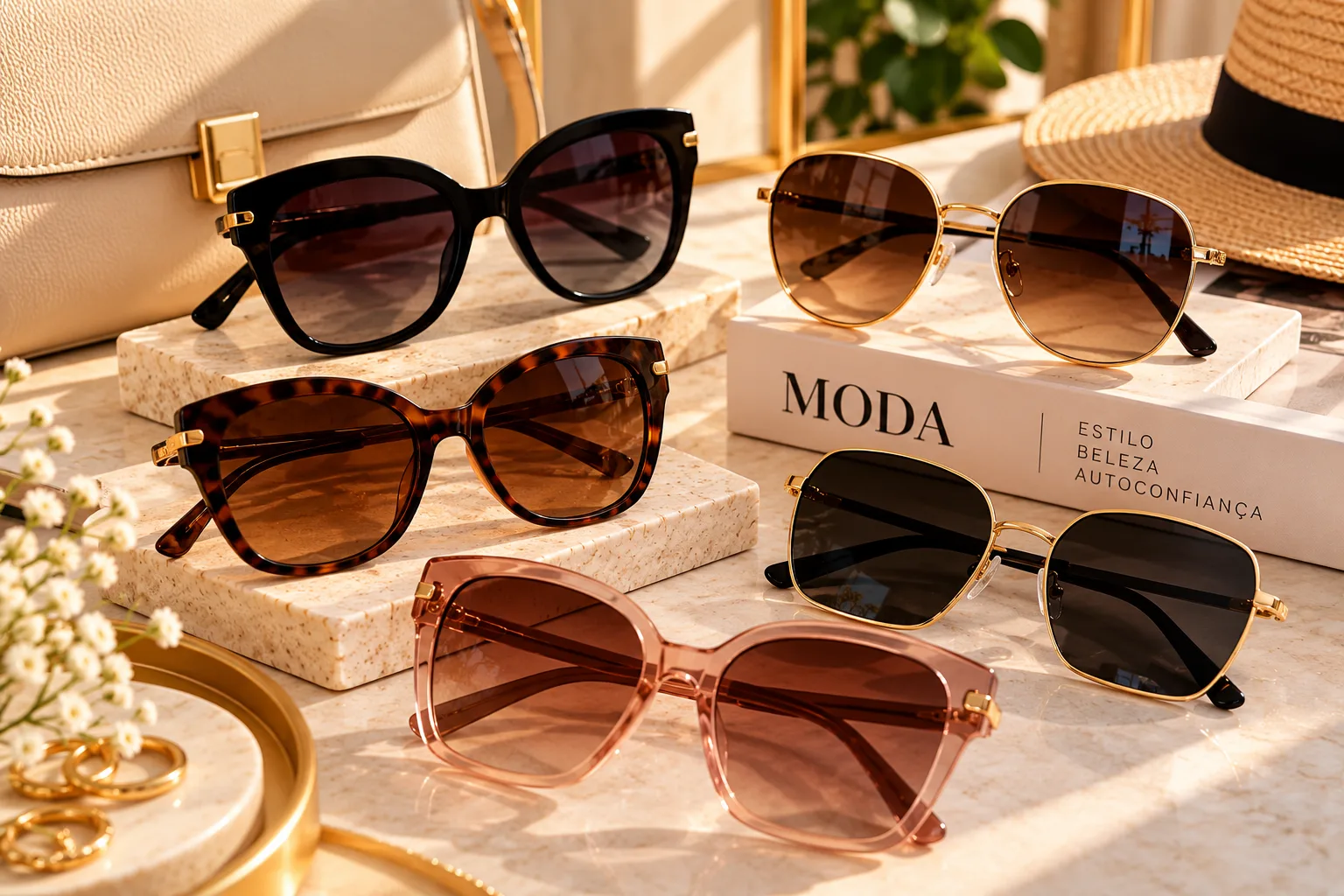 Óculos de sol femininos em diferentes modelos, incluindo armações pretas, tartaruga, douradas e rosadas, organizados sobre blocos claros ao lado de uma bolsa bege e acessórios elegantes.