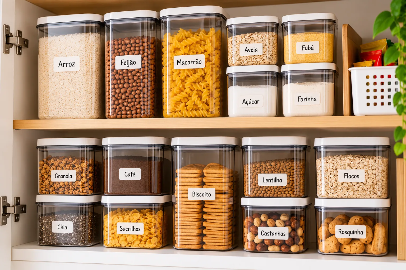 Potes herméticos transparentes com arroz, feijão, macarrão e outros mantimentos organizados no armário da cozinha.