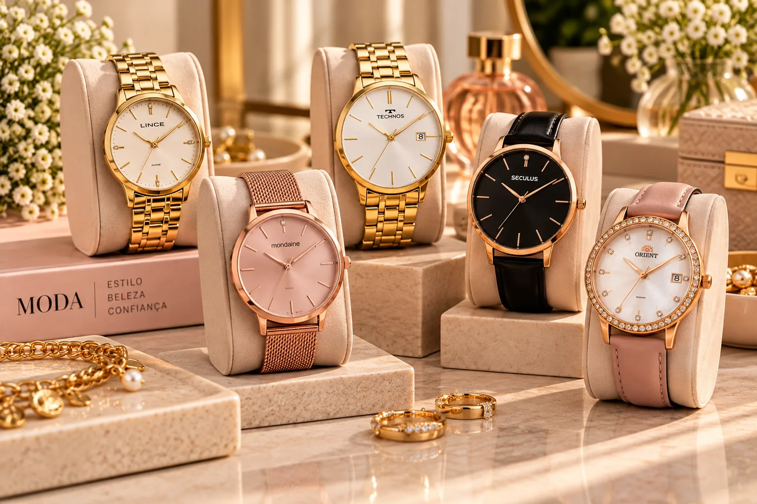 Relógios femininos elegantes em dourado, rosé, preto e bege, com pulseiras metálicas e de couro, mostradores minimalistas e detalhes sofisticados, organizados sobre suportes em um ambiente refinado.