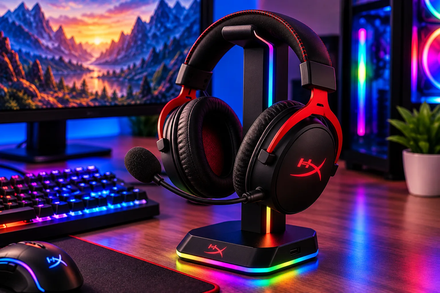 Suporte para headset gamer preto com iluminação RGB colorida, acomodando um fone preto e vermelho em uma mesa com teclado mecânico e acessórios gamer.