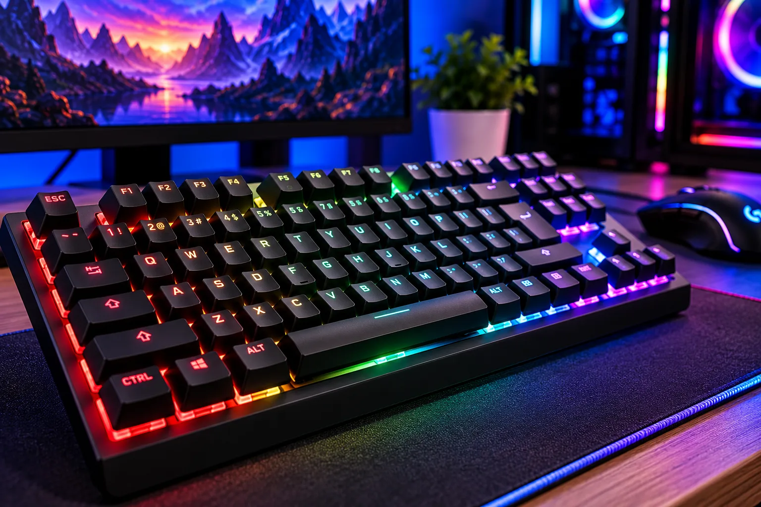 Teclado mecânico gamer preto com teclas iluminadas em RGB colorido, em tons de azul, roxo, verde e vermelho, sobre uma mesa de setup gamer.